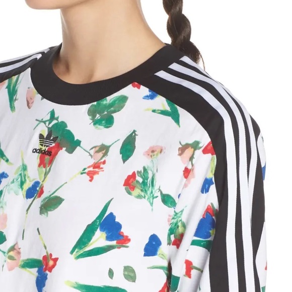 adidas Tops - Adidas Floral Crop Floral Tee White Boxy 3 Stripe